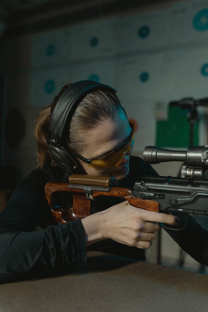 Crafting Captivating Headlines: Your awesome post title goes here Focused woman aiming a rifle during an indoor shooting practice session.